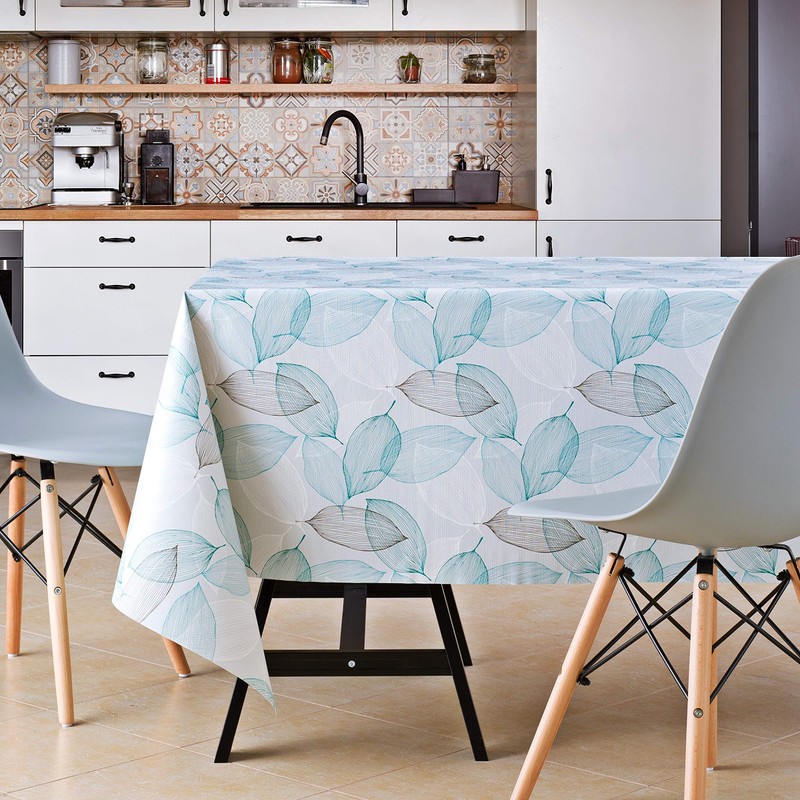 KP HOME Wipe Clean Tablecloth Grey And Teal Leaves Pattern