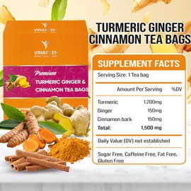 VINAREEN Turmeric Ginger Cinnamon Tea Bags - 100 Tea Bags - Premium Natural Blend of Ginger Root, Turmeric Root & Cinnamon [Handpick] - Te De Curcuma Jengibre Y Canela - Caffeine Free, Sugar Free, Vegan