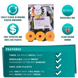 Labsales Universal Full Range PH 1-14 Low Plastic Refill Kit, Three 5M Rolls For Easy Tearing Into Strips, For PH Testing of Liquids