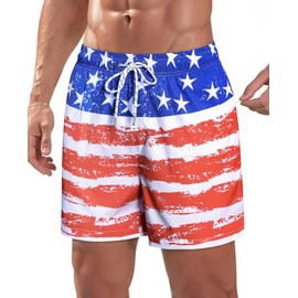 Gleeease Mens Swim Trunks 5 inch Bathing Suit Mesh Lining Board Shorts with Zipper Pockets Beach Shorts Quick Dry Amweican Flag