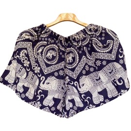 Zendrian Bohemian Elephant Print Harem Shorts, High Elastic Waist Summer Beach Shorts Royal Navy
