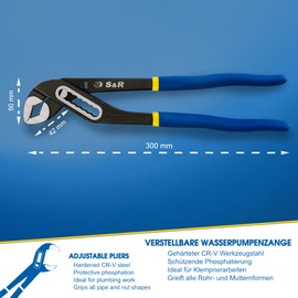 S&R Wasserpumpenzange CR-V Stahl phosphatiert, doppelt ummantelte Griffe, 300 x 42 mm