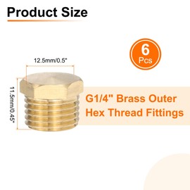 sourcing map 6 Pcs Brass Outer Hex Thread Fittings, G1/4" Male Brass Plug Male Threaded Socket Pipe Plug Fitting Brass Plugs Fitting Hex Head Plug for Water Oil Gas