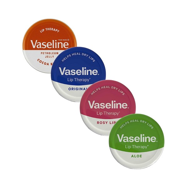Vaseline Lip Balm - Petroleum Jelly - Lip Therapy - Original, Coco Butter, Alo VeraAnd Rosy 20g Tin - Soothes Dry Lips - Pack Of 4