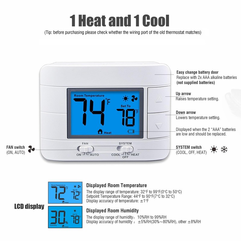 Aowel Non-Programmable Thermostats for House, Single-Stage 1 Heat/ 1 Cool,
