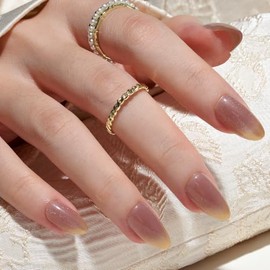 GLAMERMAID Uñas postizas de gel suave y brillante estilo francés dorado, 30 piezas de uñas postizas con efecto ojo de gato ovaladas degradadas, adhesi