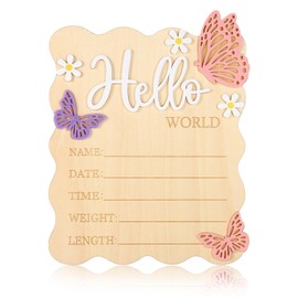 Baby Announcement Sign, Rectangle Wooden Hello World Baby Sign with Flower and Butterfly Patterns Cute Delicate Newborn Plaque for Newborn Boys Girls Photo Props Nursery Home Decor