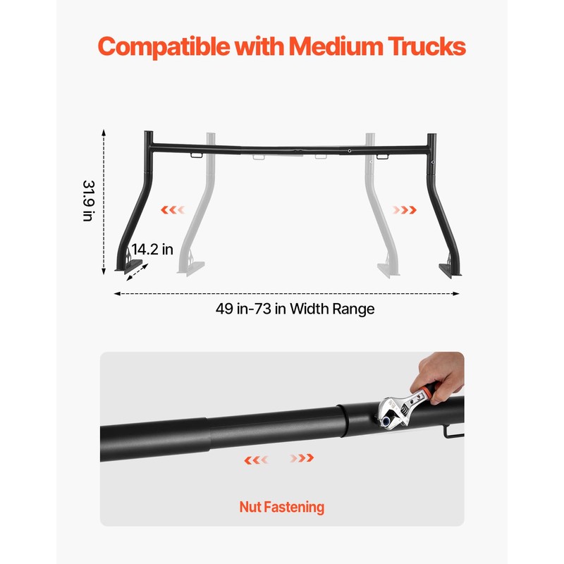 VEVOR Truck Ladder Rack, 49-73 in Width, Extendable Universal Cargo