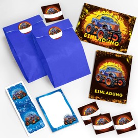 JuNa-Experten 16 Invitation Cards Children's Birthday Boy Monster Truck Blue incl. 16 Envelopes, 16 Gift Bags, 16 Stickers, 16 Bookmarks, 16 Blocks Party Bags Favours