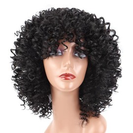 Retoleca Curly Wigs for Black Women Short Curly Wig with Bangs Soft Big Bouncy Fluffy Small Curls Wig Heat Resistant Synthetic Wig for Daily Party Use (Natural Black,14Inch) …