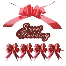 1 Wedding Car Flower, 4 Hand-Drawn Flowers, 1 Wedding Car Sticker, Red Bow, Wedding Car Decoration Red Ribbon, Wedding Car Accessories