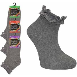 CHAAL® 6 Trim Lace Socks Girls' Ruffled Trim Frilly Lace Socks School Ankle Socks, Girls Soft Back to School Trainer Socks Dance Socks School Uniform Socks Size 9-12 Grey