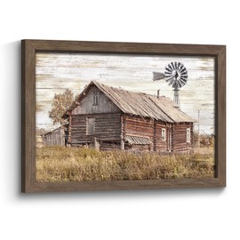 Rustic Farmhouse Wooden Wall Art: Country Old Barn Framed Picture Vintage Farm Windmill Painting Print Countryside Landscape Artwork Decor for Bedroom Living Room