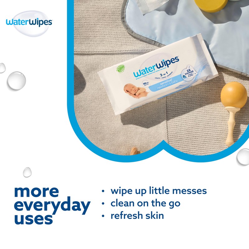 WaterWipes Sensitive+ Newborn & Baby Wipes, 3-In-1 Cleans, Cares, Protects,