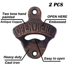 Jumiok Cast Iron Soda Bottle Cap Opener Wall Mounted Antique Copper, Screw in Wall Beer Bottle Top Opener Rustic (Pack of 2)