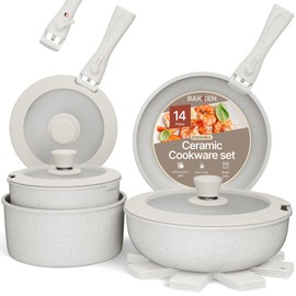 Pots & Pans Set Non Stick Ceramic-Granite – 14-Piece Cookware with Detachable Handles, Stackable Space-Saving, Dishwasher Safe, Stain-resistant, Oven & All-Stove Safe, Tempered Glass Lids, White Cream