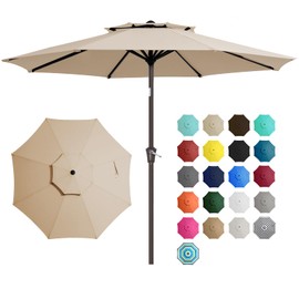 JEAREY 9' 2-Tiers Patio Umbrellas Outdoor Table Market Umbrella w/Push Button Tilt/Crank, 8 Sturdy Ribs, UV Protection Waterproof Sunproof(Beige)