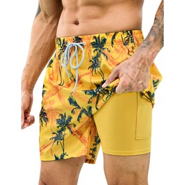 KBVOT Mens Swim Trunks with Compression Liner 7 inch Inseam 2 Pack Quick Dry Stretch Beach Shorts Bathing Suits Swimwear