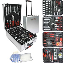 FRITHJILL 899pcs Tool Set with Aluminum Trolley Case, Household Tool Kit with Rolling Tool Box, Silver