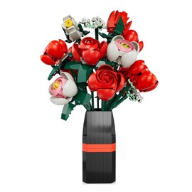 EXCOUP Flower Bouquet Building Set, Artificial Roses Toy Building Set with Vase, Building Blocks Flower Brick Toys, for Home Office Decoratin, Christmas, Mother's Day, or Valentine's Gifts, 841 PCS