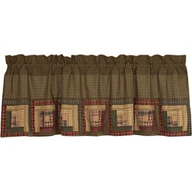 VHC Brands Tea Cabin Log Block Border Plaid Cotton Rustic Kitchen Curtains Rod Pocket Patchwork 20x72 Valance, Moss Green