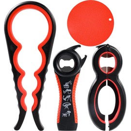 Jar Opener Gripper - 4 Pack Rubber Jar Opener for Weak Hands 6-in-1 5-in-1 Jar Bottle Openers for Seniors with Arthritis, 4-in-1 Jar Opener + Non Slip Lids Opener Gripper Pad (Red)