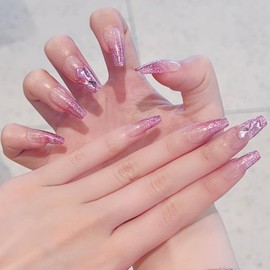 CATKIN Press On Nail Fasle Nail with design 24pcs Full Cover Reusable Acrylic Nails Artificial Nails for Women girls Long Square Decoration Fake Nails Pink Shimmer Rhinestone