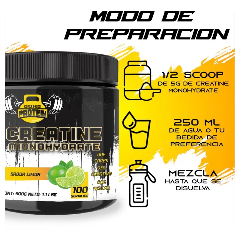 Creatina Monohidratada 500g En Polvo Guns Varios Sabores Limón