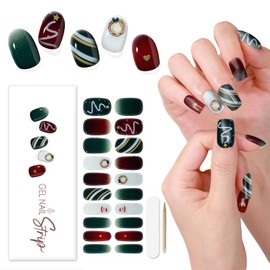 DANNEASY 20 Pieces Christmas Semi Cured Gel Nail Strips Gel Nail Stickers Full Nail Wraps Salon-Quality, Long Lasting, Easy to Apply with Nail File, Cuticle Stick, Prep Pads - Christmas Green