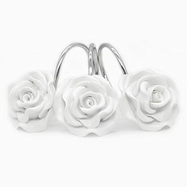 BEAVO Ganchos para cortina de ducha, ganchos decorativos para cortina de ducha a prueba de óxido, ganchos de resina con flores de rosa, anillos para barras de ducha, cortinas de baño, juego de 12