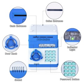 Thedttoy Electronic Piggy Bank Money Safe Password Money Box for Kids Ages 3 4 5 6+, Mini ATM Bank Safe Coin Cash Banks Money Saving Box, Great Boys Girls Gift for Birthday Thanksgiving (Blue)