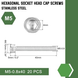 QUARKZMAN Pack of 20 M5-0.8 x 40 Cylinder Screws with Hexagon Socket Cylinder Head Screws Stainless Steel 304 Full Thread Allen Screw Fasteners for Machines