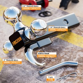 ORCISH Trailer Hitch Tri-Ball Mount with Hook & Pin, Chrome Trailer Ball Sizes 1-7/8", 2" & 2-5/16", Fit 2 Inch Hitch Receiver, 10,000 LBS Max Towing for RVs, SUVs, ATVs & Trucks