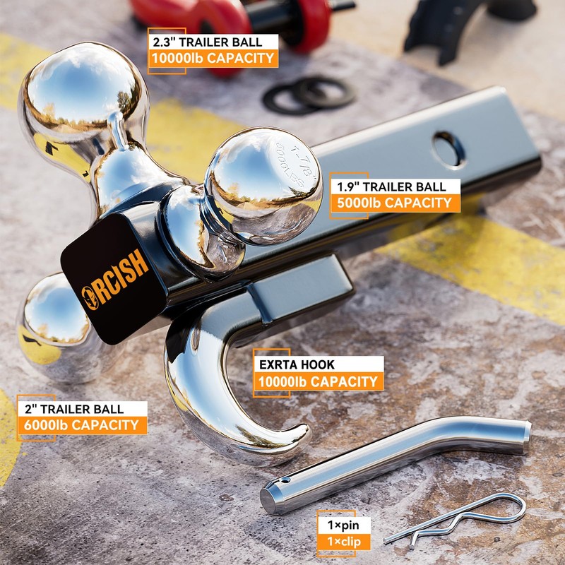 ORCISH Trailer Hitch Tri-Ball Mount with Hook & Pin, Chrome