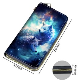 BXIKEOPIU Women's Large Capacity Wallet, Portable PU Leather Zipper Wallet for Smart Phone/Card/Coin/Cash, Multifunctional Clutch Wallet with Removable Wristlet Strap, White Wolf