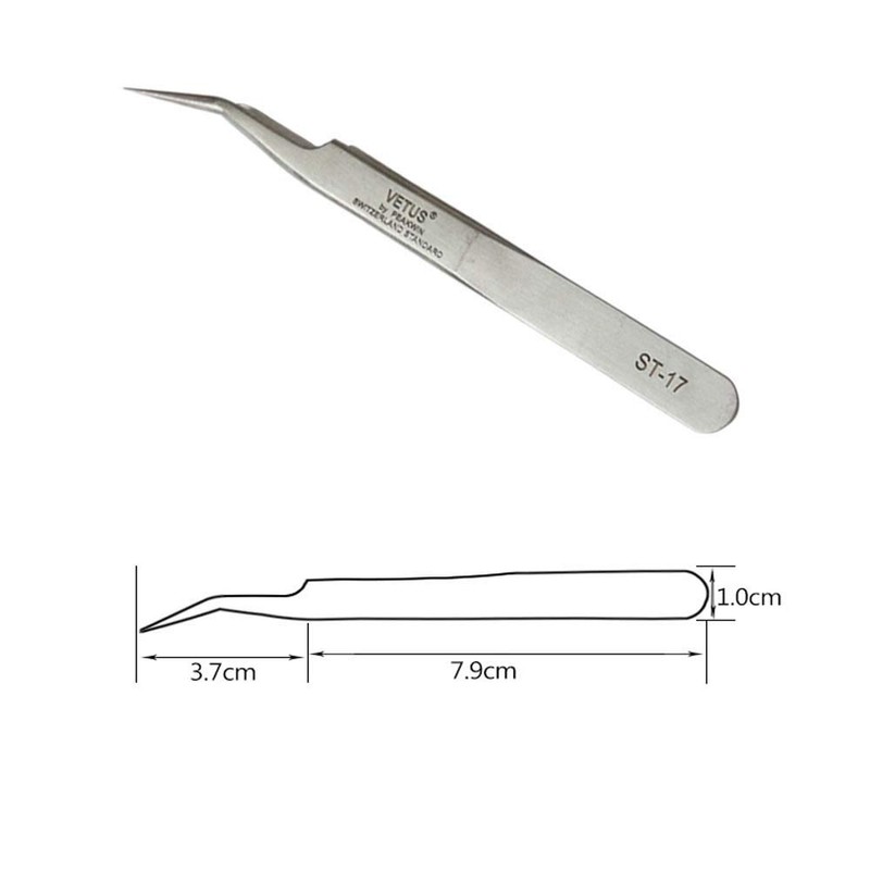 Vetus Tweezer Non-Magnetic Stainless Steel Curved Slant Tip Eyelash Eyebrow