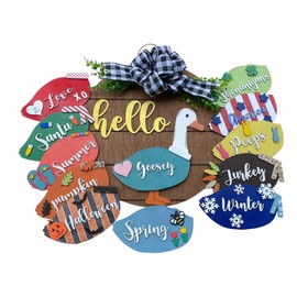 Porch Goose - Interchangeable Holidays Seasons - Large Round Wooden Door Hanger/Wreath/Sign - Gift for Him Her