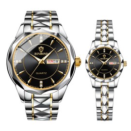 JewelryWe Couple Watches Gift Set: Romantic Pair His and Hers Wrist Watches Silver Black Analog Quartz Dress Waterproof Luminous Calendar Casual Men Women Lovers Wedding Wristwatch