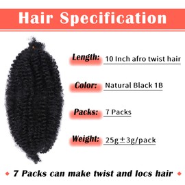 Marley Hair 10 Inch Black 7 Packs Pre Separated Springy Afro Twist Hair Marley Twist Braiding Hair for Faux Locs Crochet Hair Pre Fluffed Spring Twist Hair Extensions (10",1B)