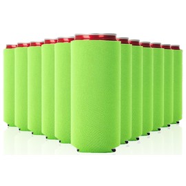Slim Can Cooler Sleeves 12 Pack– Blank Foldable Neoprene 12oz Can Insulators – Skinny Beverage Coolers for Beer & Soda – Sublimation-Ready (Neon Green)