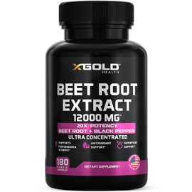 Beet Root Extract - 12000mg 20x Concentrated Beet Root Capsules Supplement w/Black Pepper - High Nitrates - Natural Nitric Oxide Booster - Highly Concentrated & Bioavailable - Made in USA -180 Caps
