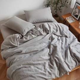 Sijo Stone Washed Organic French Linen Bed Sheet Set, GOTS Certified Organic, Best Cooling Linen Sheet Award by Sleep Foundation, 3 Piece - 2 Pillowcases and 1 Fitted Sheet (Dove, Queen)