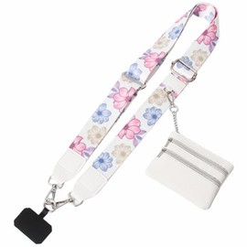 Phone Strap with Zippered Pouch, 2024 Clip and Go Strap for Phone with Wallet Crossbody, Adjustable Cross Body Phone String (White Floral)