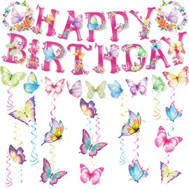 Butterfly Birthday Decorations Girl Butterfly Party Decoration Set Bunting Butterfly Happy Birthday Banner with Butterflies Cards and Swirl Streamer for Girls Boys