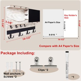 Farmhouse Key and Mail Holder for Wall Decorative, Rustic Mail and Key Organizer for Wall with Different Hooks, Chalkboard, Key Holder Wall Mount with Shelf, Basket, Clips(Pine Wood, White Washed)