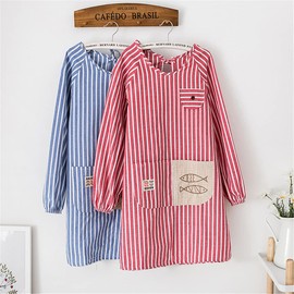 RIOAK Apron with Sleeves Fish Motif Striped Fabric Kitchen Also for Art Painting Gardening BBQ Apron with Pocket Water Resistant, red, Breit