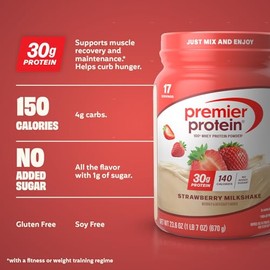 Premier Protein Powder, Strawberry Milkshake, 30g Protein, No Added Sugar, 100% Whey Protein, Keto Friendly, Soy & Gluten Free, 24.5 oz (17 Servings)