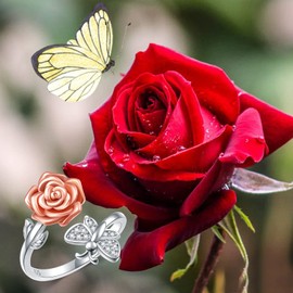 HOOHWE Rose Flower Ring for Women, 925 Sterling Silver Rose Flower Butterfly Rings Open Ring 3D Rose Adjustable Size Ring Jewelry Gift for Women