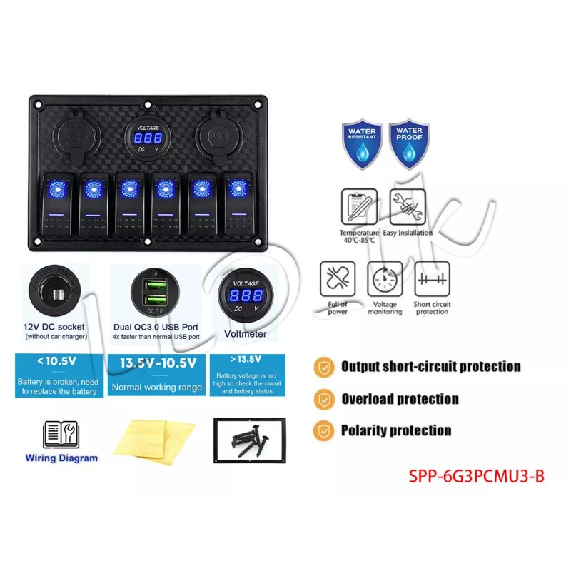 LLD_TK 6 Gang Switch Panel Rocker Toggle ON OFF USB