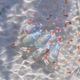 Goldfish Nail Art Stickers Sparkly Koi Nail Stickers 5D Embossed Shell Light Style Nail Decals Accessories Goldfish Adhesive Slider Manicure Supplies for Women DIY Decorations